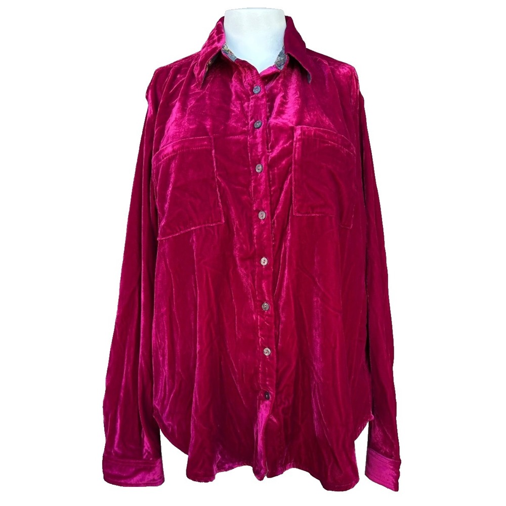 Natural Life Velvet Shirt L Raspberry Red Button Down Boho Chic High Low NEW